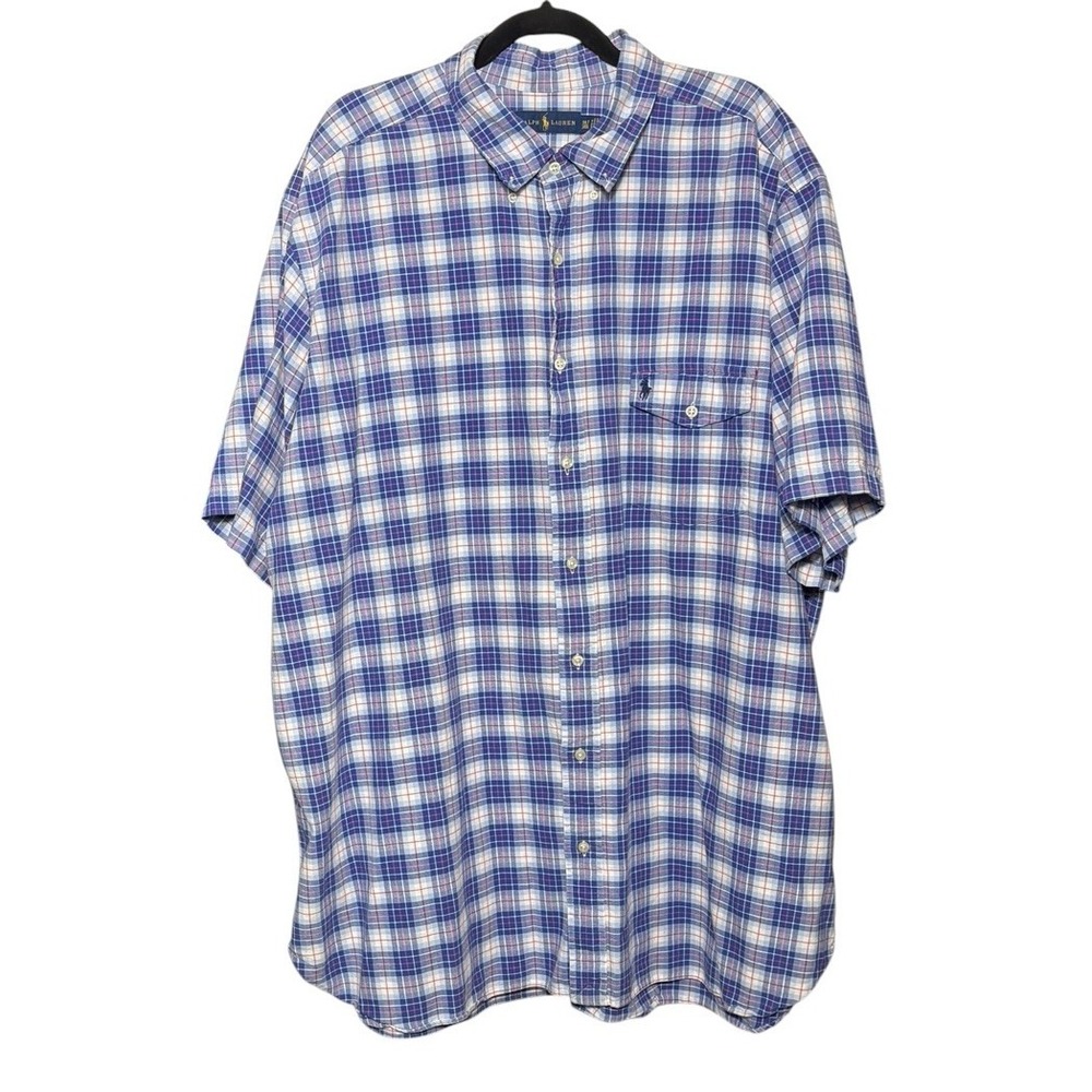 Ralph Lauren 100% Cotton Blue Plaid SS Button Up Shirt Size 3XLT Preppy Pony